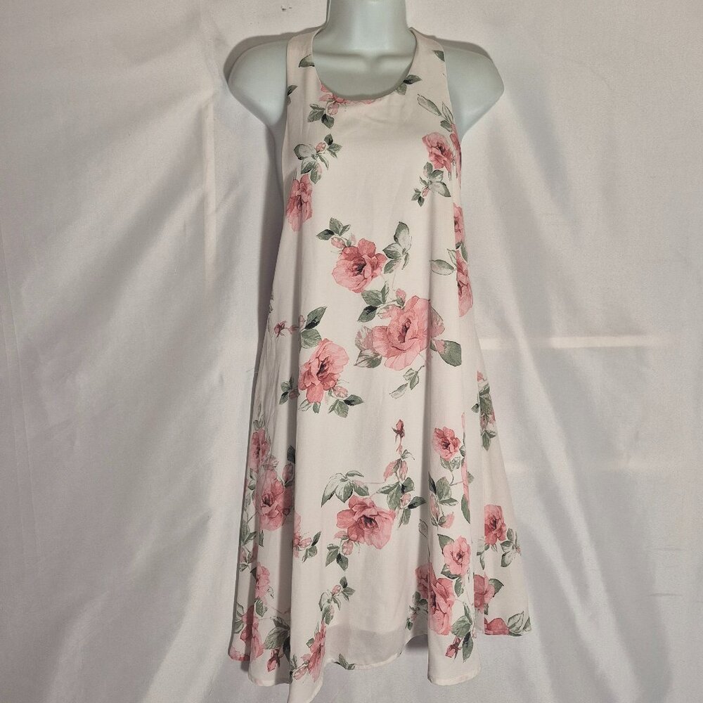 MITTOSHOP sleeveless midi dress, white w/ pink floral design in size small